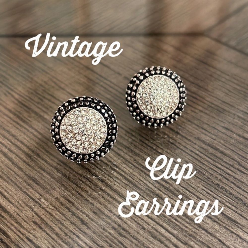 Vintage Round Button Clip Earrings with Rhinestone Pave Centers